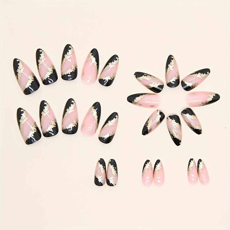 24pcs Press On Nails with Golden Foil Full Cover Almond False Nails Nude Pink