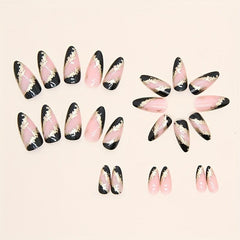 24pcs Press On Nails with Golden Foil Full Cover Almond False Nails Nude Pink