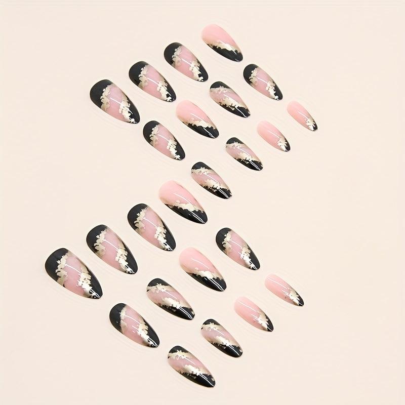 24pcs Press On Nails with Golden Foil Full Cover Almond False Nails Nude Pink