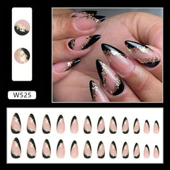 24pcs Press On Nails with Golden Foil Full Cover Almond False Nails Nude Pink