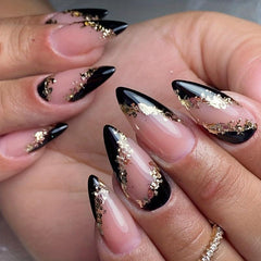 24pcs Press On Nails with Golden Foil Full Cover Almond False Nails Nude Pink