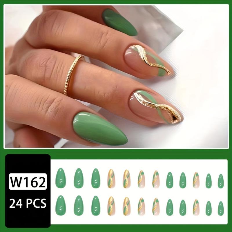 Green Almond Press On Nails with Glitter Swirl Medium Length