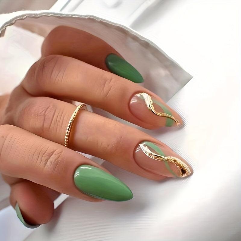 Green Almond Press On Nails with Glitter Swirl Medium Length
