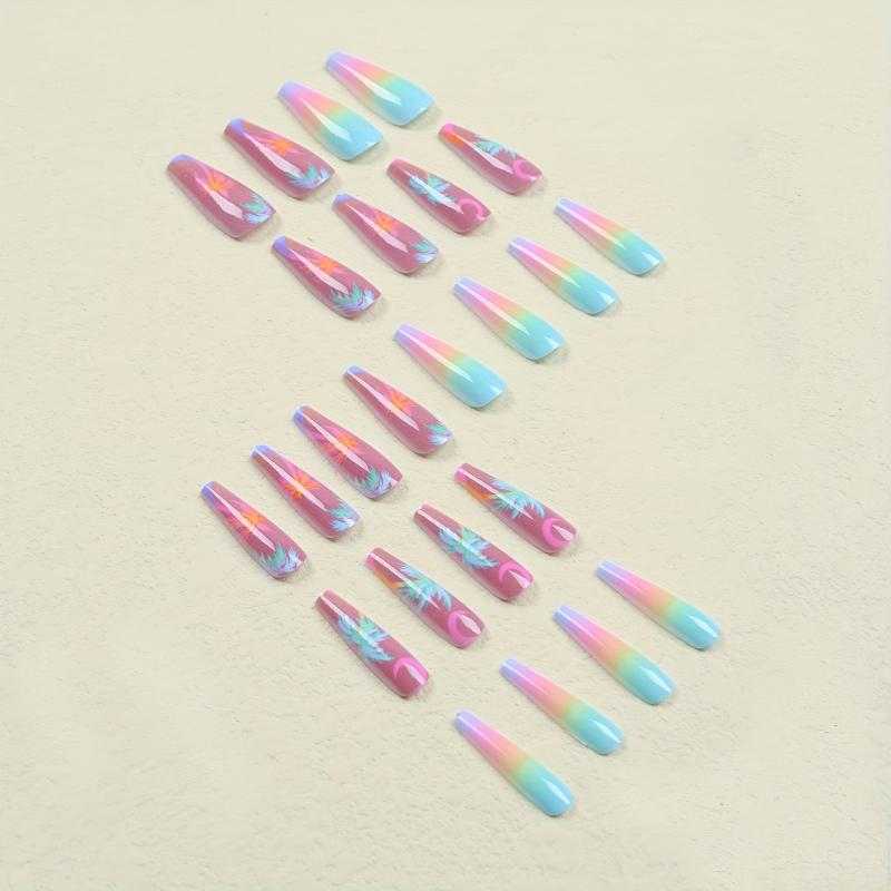 24pcs Colorful Gradient Extra Long Coffin Nails with Coconut Tree Moon
