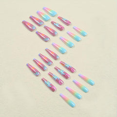 24pcs Colorful Gradient Extra Long Coffin Nails with Coconut Tree Moon
