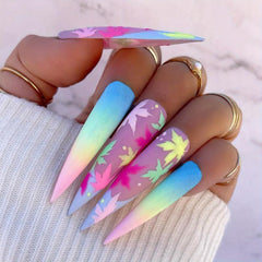 24pcs Colorful Gradient Extra Long Coffin Nails with Coconut Tree Moon