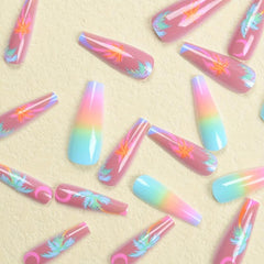 24pcs Colorful Gradient Extra Long Coffin Nails with Coconut Tree Moon