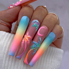 24pcs Colorful Gradient Extra Long Coffin Nails with Coconut Tree Moon