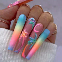 24pcs Colorful Gradient Extra Long Coffin Nails with Coconut Tree Moon
