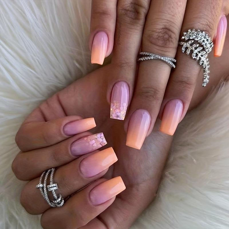 Sequin Press On Nails Set Medium Square Glue On Pink Options