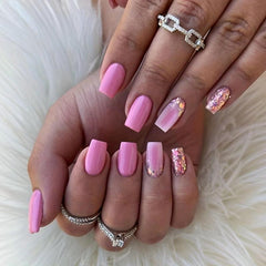 Sequin Press On Nails Set Medium Square Glue On Pink Options