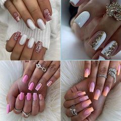 Sequin Press On Nails Set Medium Square Glue On Pink Options