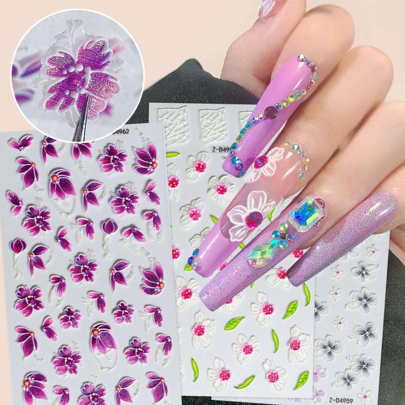5D Embossed Flower Leaves Nail Art Stickers Self Adhesive Nail Decals