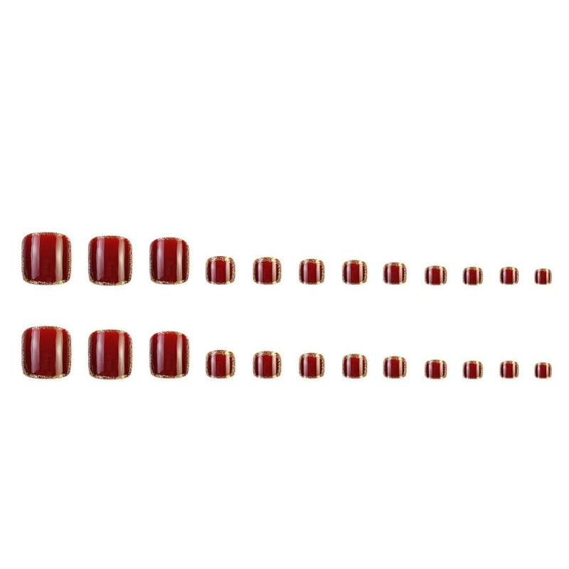 24 Pcs Burgundy Glitter False Nails - Waterproof Quick Nails Stickers