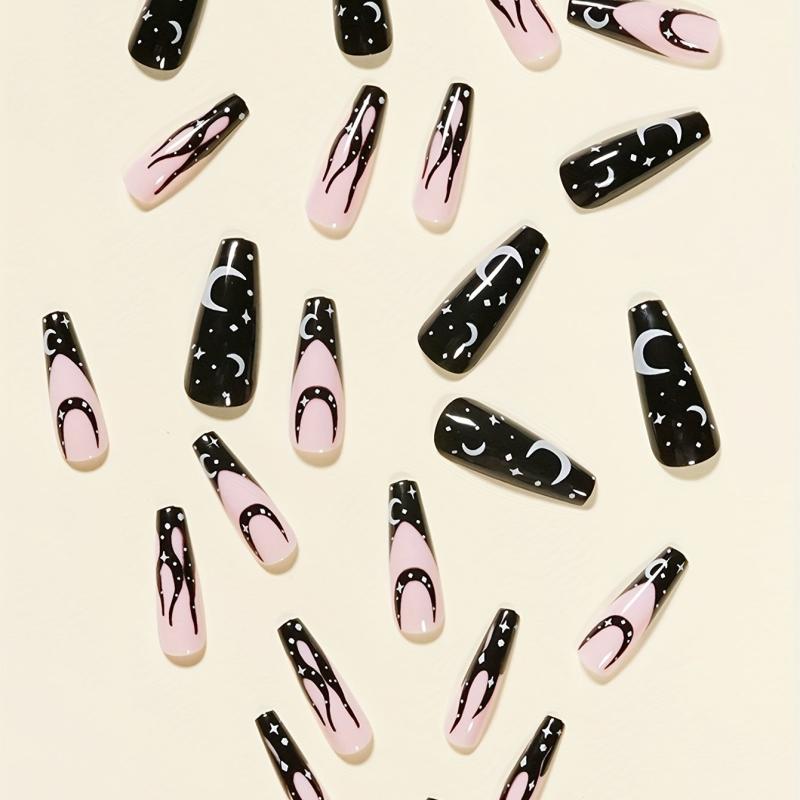 24pcs Pink Ballerina Press On Nails with Flame and Moon Star Pattern