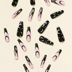 24pcs Pink Ballerina Press On Nails with Flame and Moon Star Pattern