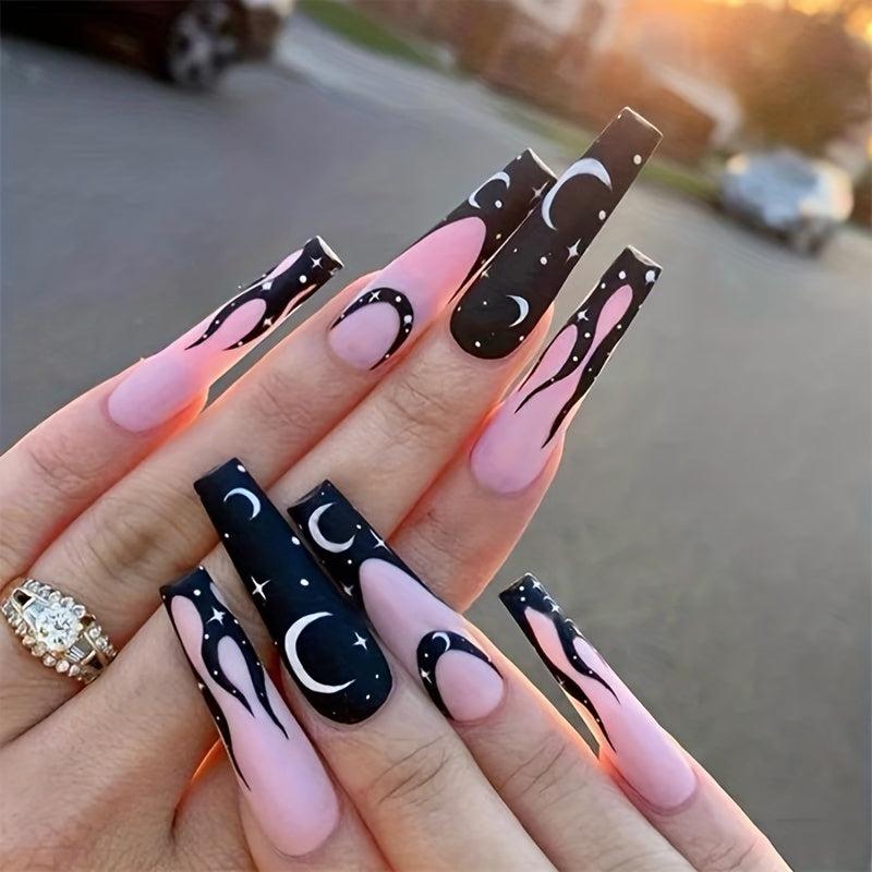 24pcs Pink Ballerina Press On Nails with Flame and Moon Star Pattern