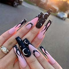 24pcs Pink Ballerina Press On Nails with Flame and Moon Star Pattern