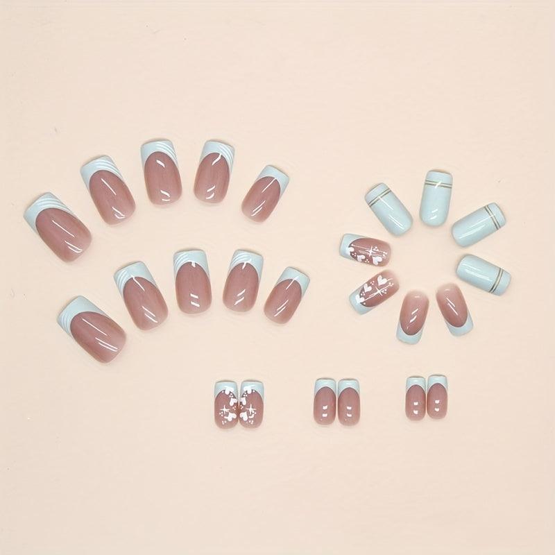 24pcs Green French Tip Press On Nails with Glitter Heart
