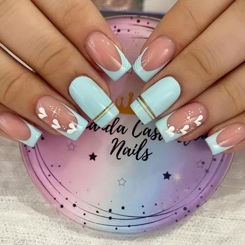 24pcs Green French Tip Press On Nails with Glitter Heart