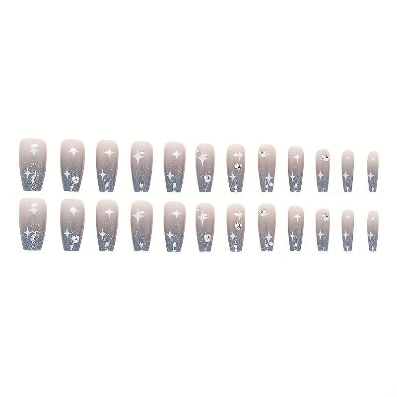 24 pcs Glitter Coffin Press On Nails with Rhinestones and Star Designs