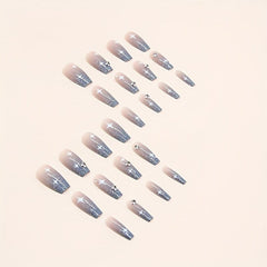 24 pcs Glitter Coffin Press On Nails with Rhinestones and Star Designs