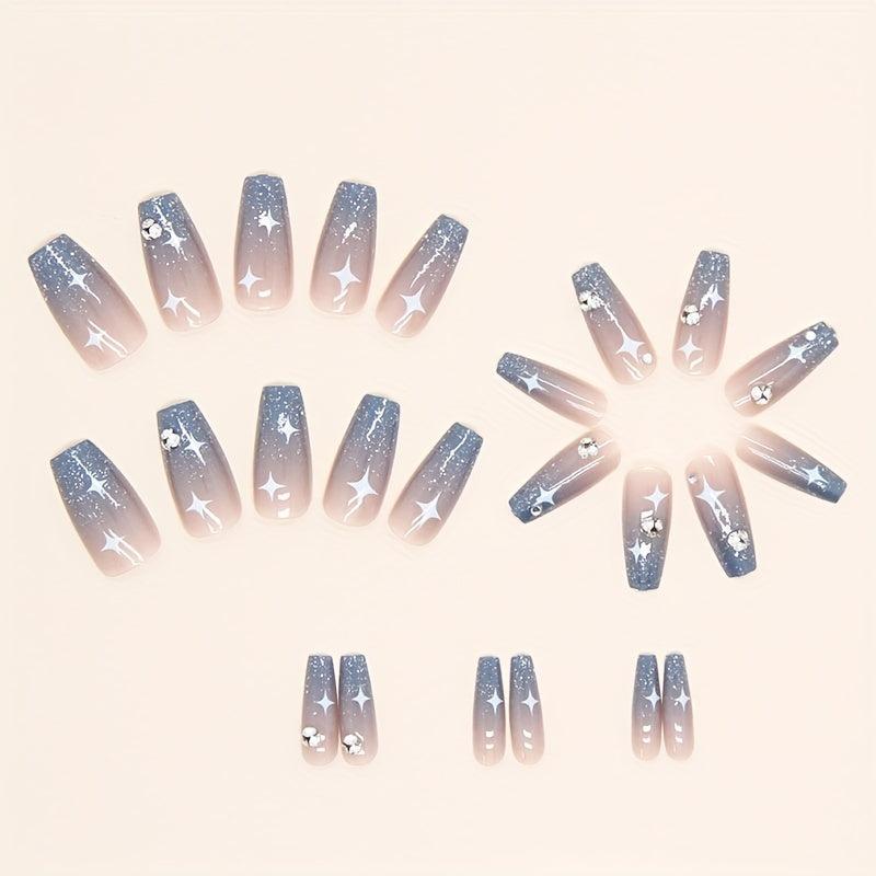 24 pcs Glitter Coffin Press On Nails with Rhinestones and Star Designs