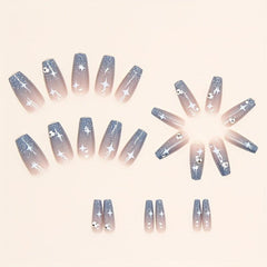 24 pcs Glitter Coffin Press On Nails with Rhinestones and Star Designs