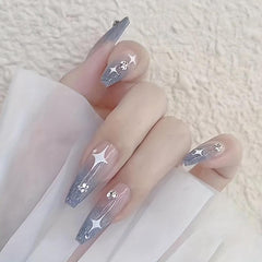 24 pcs Glitter Coffin Press On Nails with Rhinestones and Star Designs