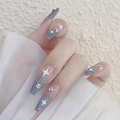 24 pcs Glitter Coffin Press On Nails with Rhinestones and Star Designs