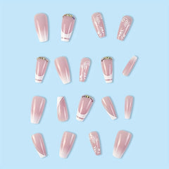 24pcs Flower Rhinestone Coffin False Nails French Tip Press On Nails