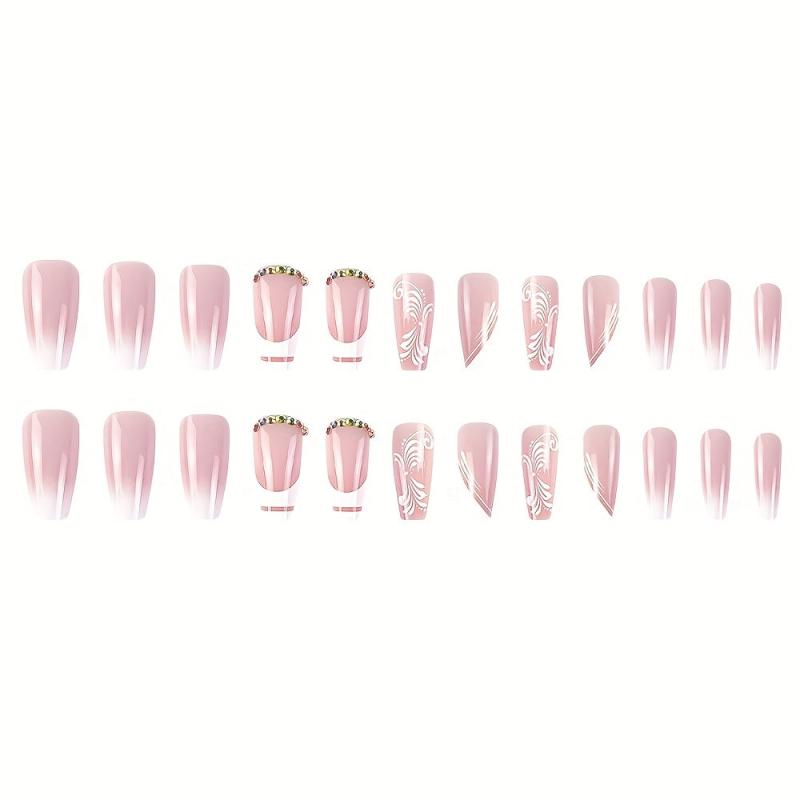 24pcs Flower Rhinestone Coffin False Nails French Tip Press On Nails