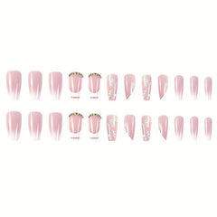 24pcs Flower Rhinestone Coffin False Nails French Tip Press On Nails