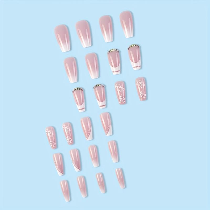 24pcs Flower Rhinestone Coffin False Nails French Tip Press On Nails