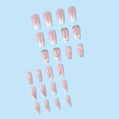 24pcs Flower Rhinestone Coffin False Nails French Tip Press On Nails