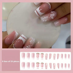 24pcs Flower Rhinestone Coffin False Nails French Tip Press On Nails