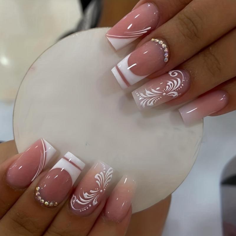 24pcs Flower Rhinestone Coffin False Nails French Tip Press On Nails