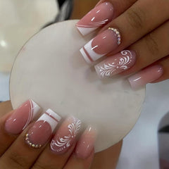 24pcs Flower Rhinestone Coffin False Nails French Tip Press On Nails
