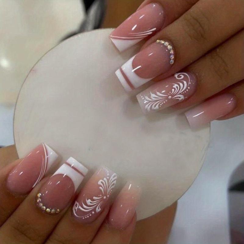 24pcs Flower Rhinestone Coffin False Nails French Tip Press On Nails