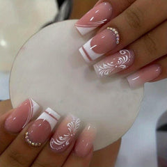 24pcs Flower Rhinestone Coffin False Nails French Tip Press On Nails