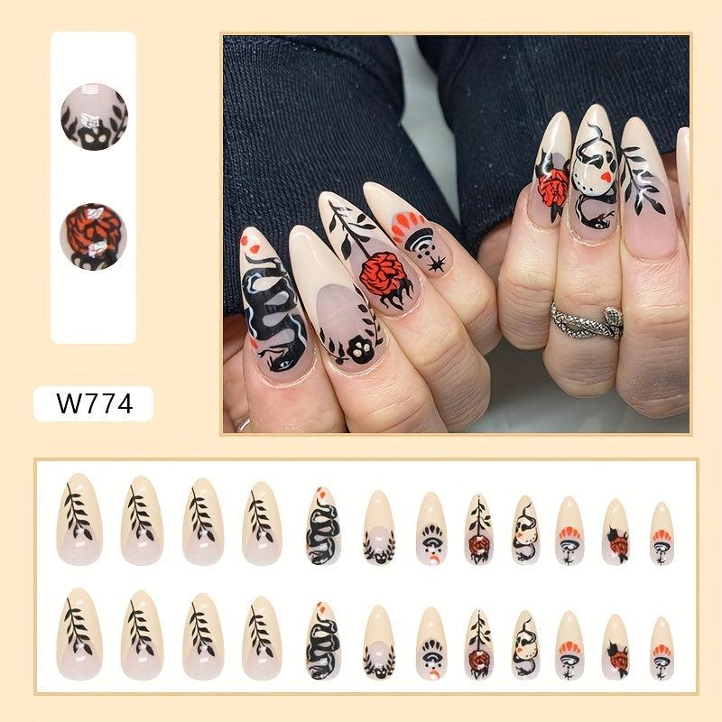 24pcs Scary Red Rose Flame Press On Nails Glossy Snake False Nails