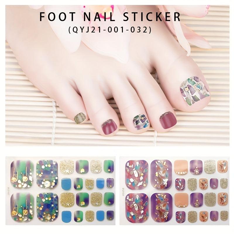 22pcs Gradient Toe Nail Stickers with Sequins and Glitter DIY Manicure Decals