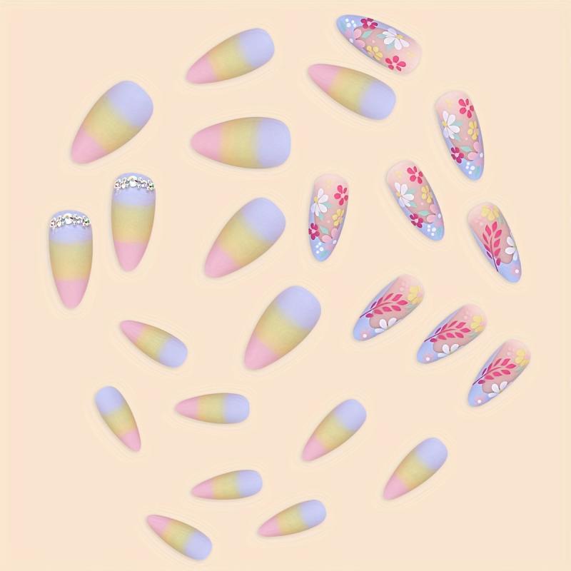 24pcs Rainbow Gradient Press On Nails with Flower Matte Full Cover Long Almond