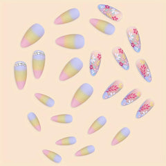 24pcs Rainbow Gradient Press On Nails with Flower Matte Full Cover Long Almond