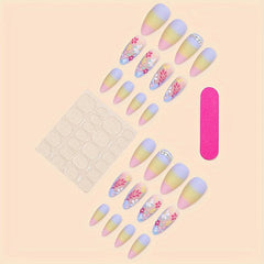 24pcs Rainbow Gradient Press On Nails with Flower Matte Full Cover Long Almond