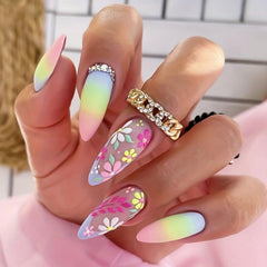 24pcs Rainbow Gradient Press On Nails with Flower Matte Full Cover Long Almond