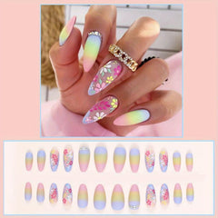 24pcs Rainbow Gradient Press On Nails with Flower Matte Full Cover Long Almond