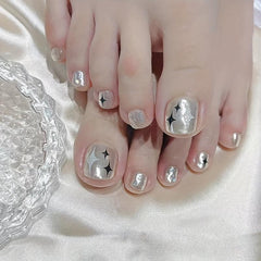 Glitter Silver False Toe Nails Star Full Cover Stick On Nails