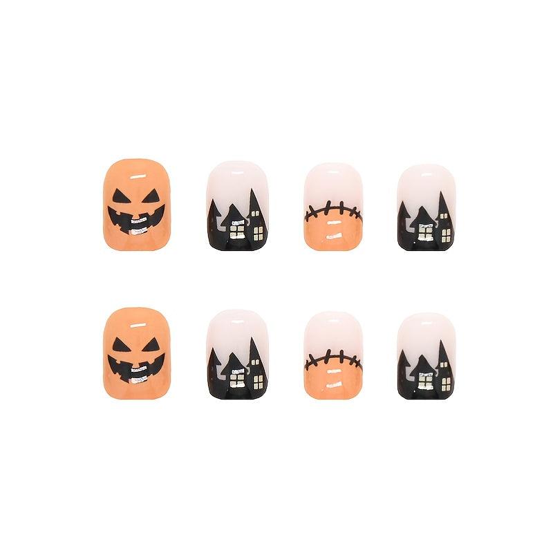 Matte Orange Halloween Spider Web Press On Nails - 24pcs