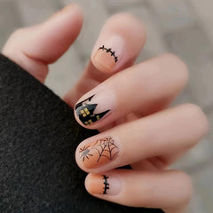 Matte Orange Halloween Spider Web Press On Nails - 24pcs